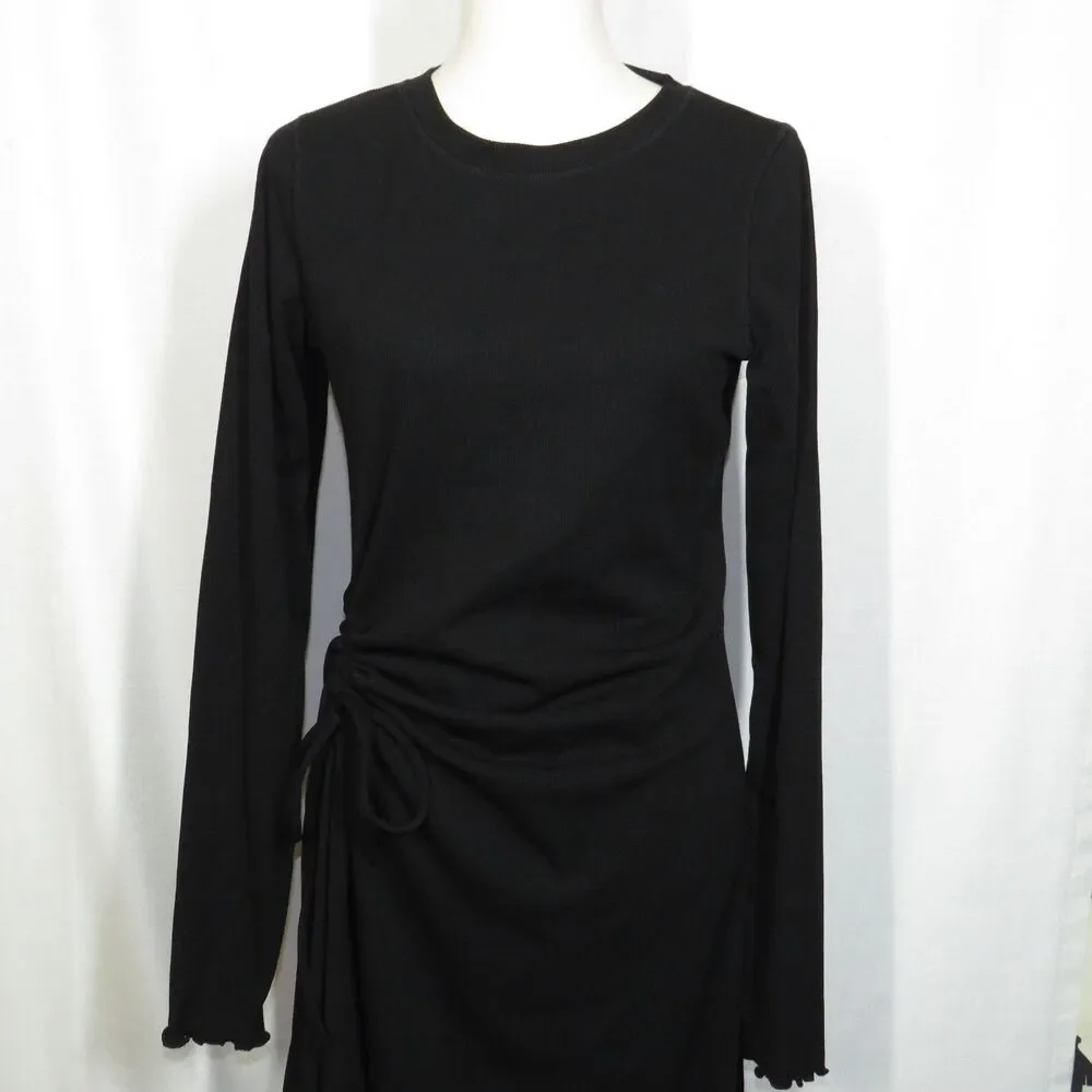 Halara Black Ribbed Long Sleeve Side Ruched Lettuce Hem Maxi Dress Size Medium